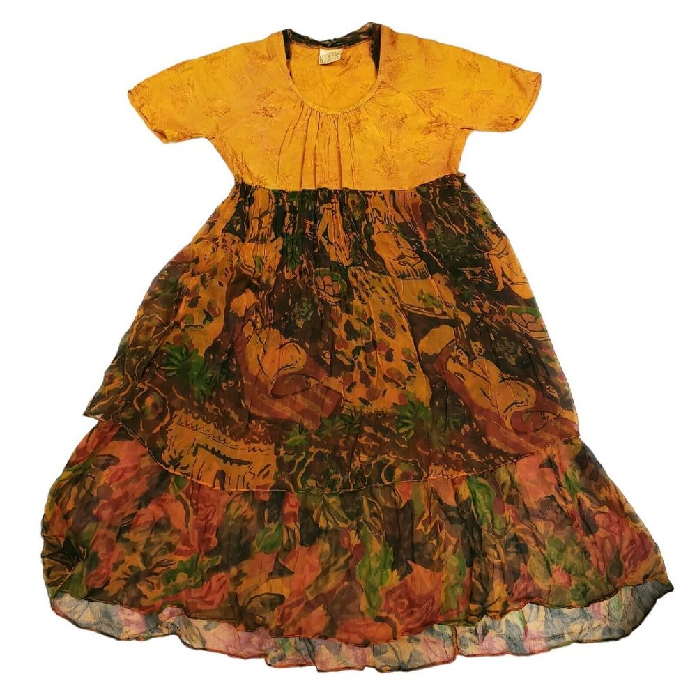 URU Floral Dress Womens One Size Orange Short Sleeve Art To Wear Abstract